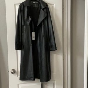 Zara Black Faux Leather Trench Coat Jacket S
